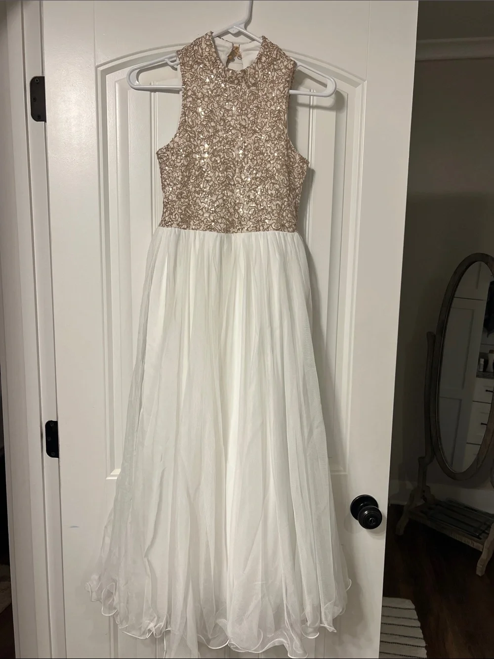 Girls' Gold Sequin Bodice White Tulle Formal Dress